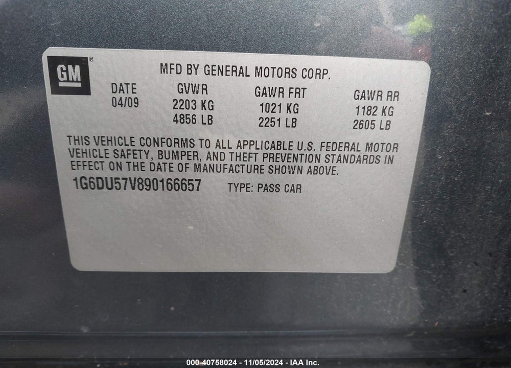 2009 CADILLAC CTS STANDARD VIN: 1G6DU57V890166657