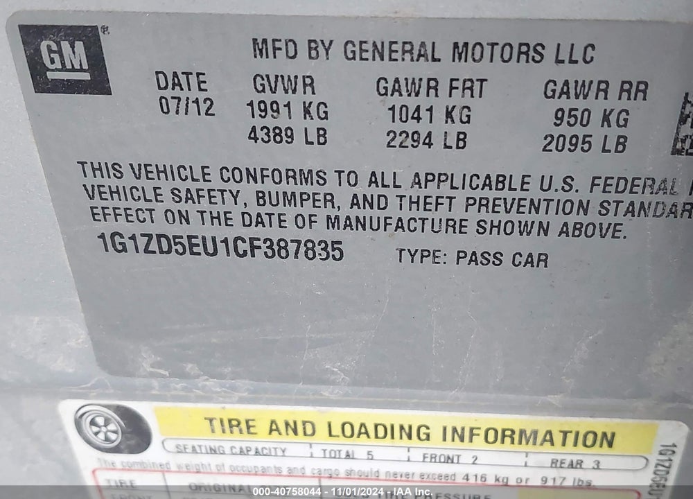 2012 CHEVROLET MALIBU 2LT VIN: 1G1ZD5EU1CF387835