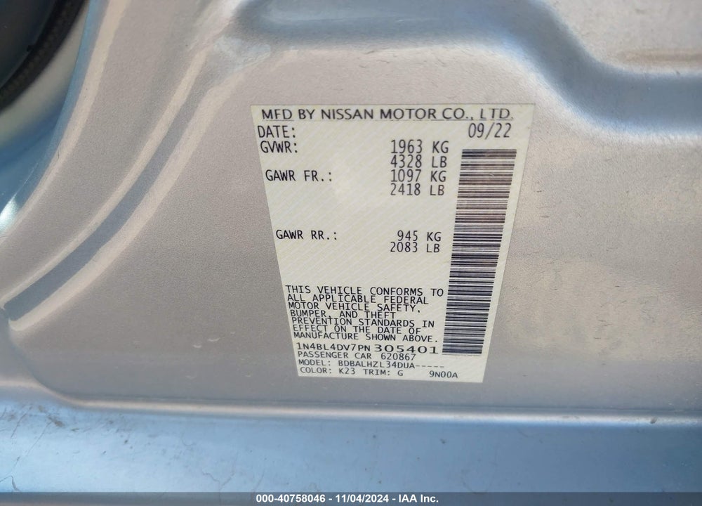 2023 NISSAN ALTIMA SV FWD VIN: 1N4BL4DV7PN305401