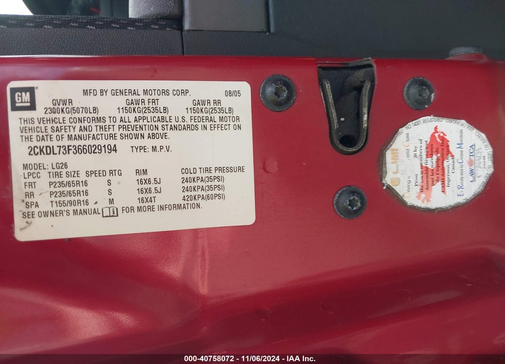 2006 PONTIAC TORRENT VIN: 2CKDL73F366029194