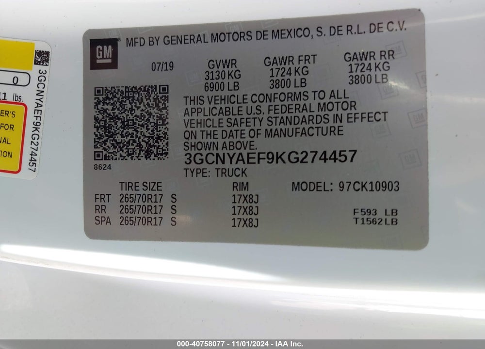 2019 CHEVROLET SILVERADO 1500 WORK TRUCK VIN: 3GCNYAEF9KG274457