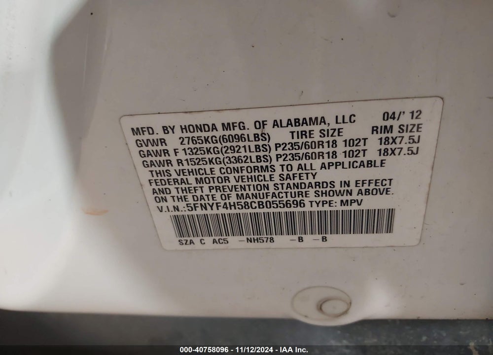 2012 HONDA PILOT EX-L VIN: 5FNYF4H58CB055696