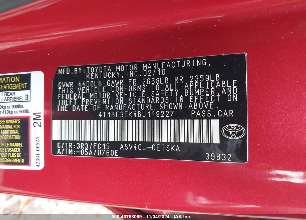 2011 TOYOTA CAMRY SE VIN: 4T1BF3EK4BU119227