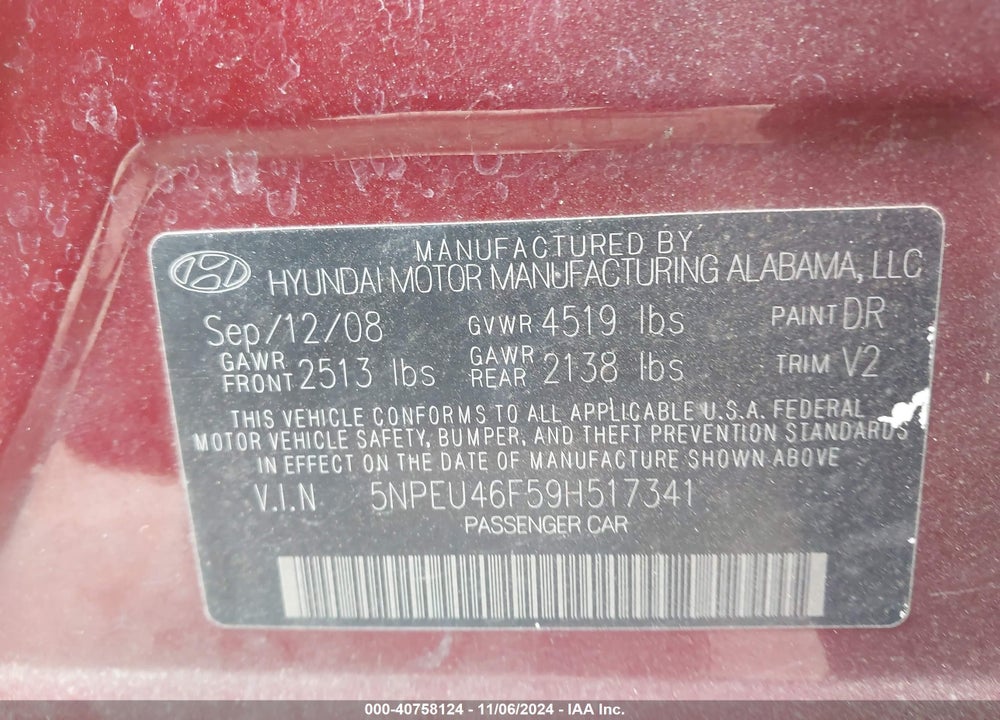 2009 HYUNDAI SONATA LIMITED V6 VIN: 5NPEU46F59H517341