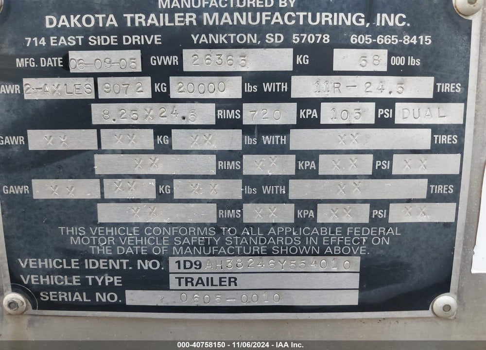 2006 DAKOTA OTHER VIN: 1D9AH38246Y554010