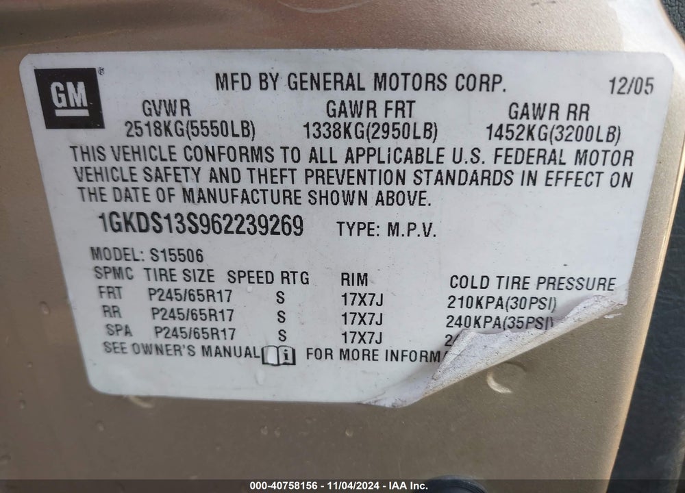2006 GMC ENVOY SLE VIN: 1GKDS13S962239269