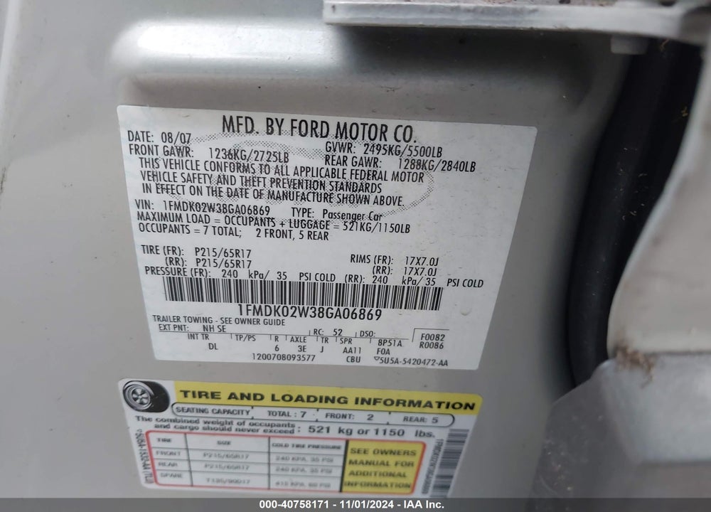 2008 FORD TAURUS X SEL VIN: 1FMDK02W38GA06869