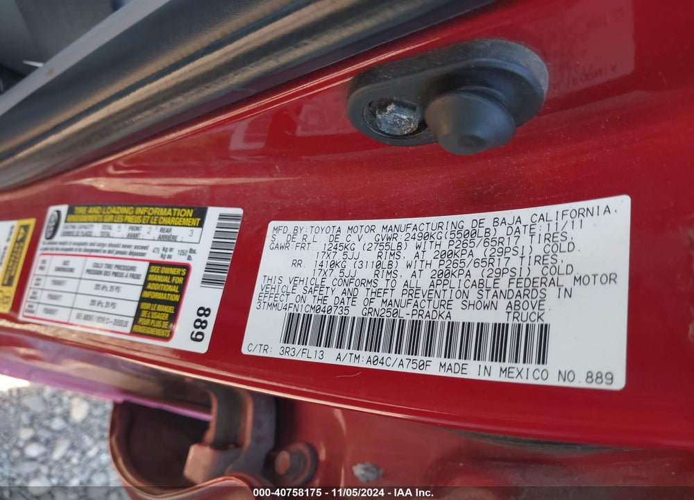 2012 TOYOTA TACOMA BASE V6 VIN: 3TMMU4FN1CM040735