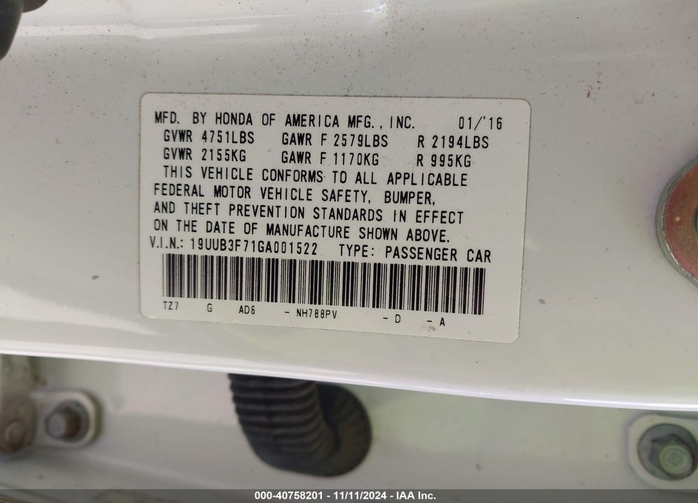 2016 ACURA TLX V6 ADVANCE VIN: 19UUB3F71GA001522