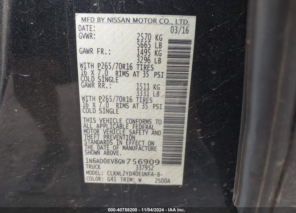 2016 NISSAN FRONTIER SV VIN: 1N6AD0EV8GN756909