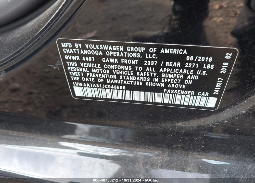 2018 VOLKSWAGEN PASSAT 2.0T R-LINE/2.0T S VIN: 1VWAA7A31JC043598