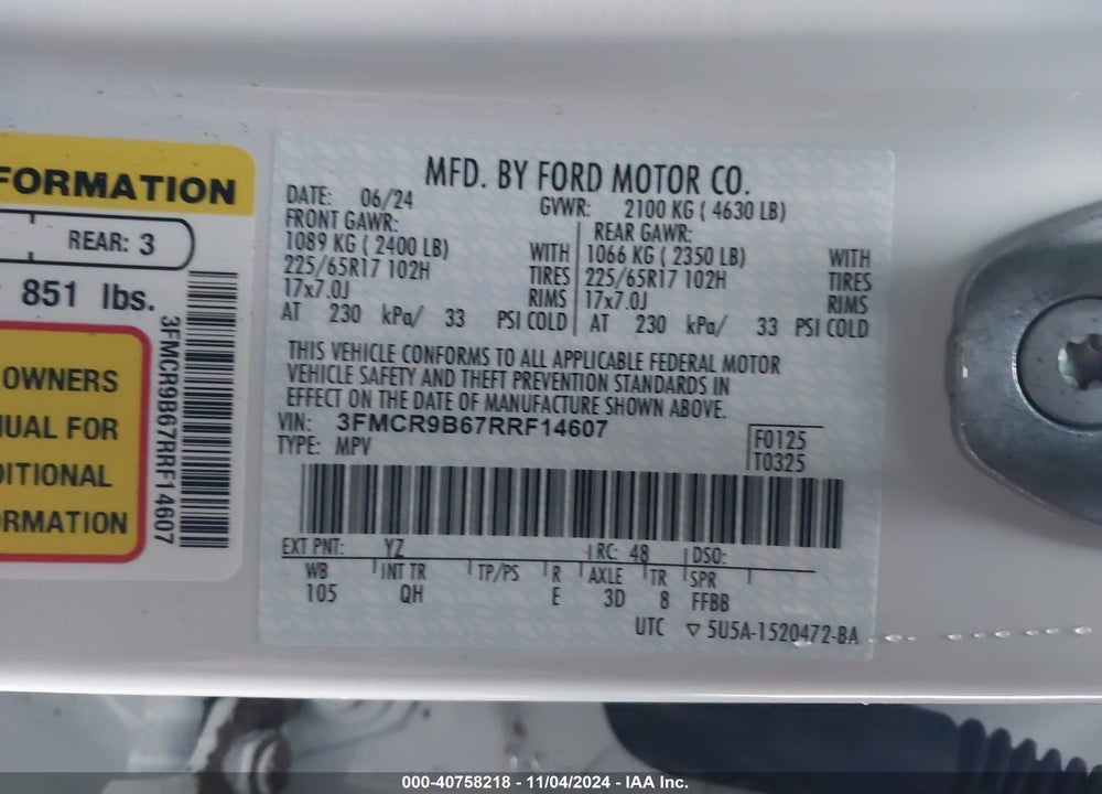 2024 FORD BRONCO SPORT BIG BEND VIN: 3FMCR9B67RRF14607