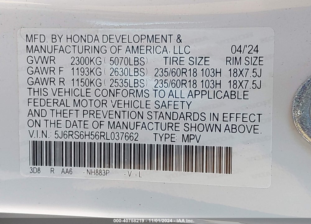 2024 HONDA CR-V HYBRID SPORT VIN: 5J6RS6H56RL037662