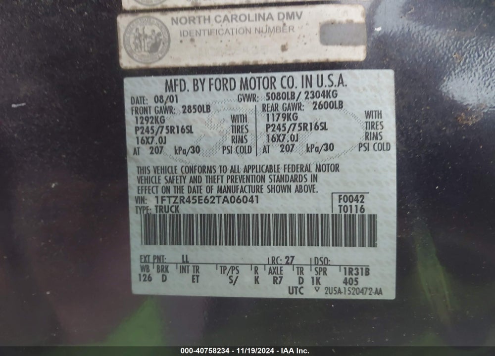 2002 FORD RANGER SUPER CAB VIN: 1FTZR45E62TA06041