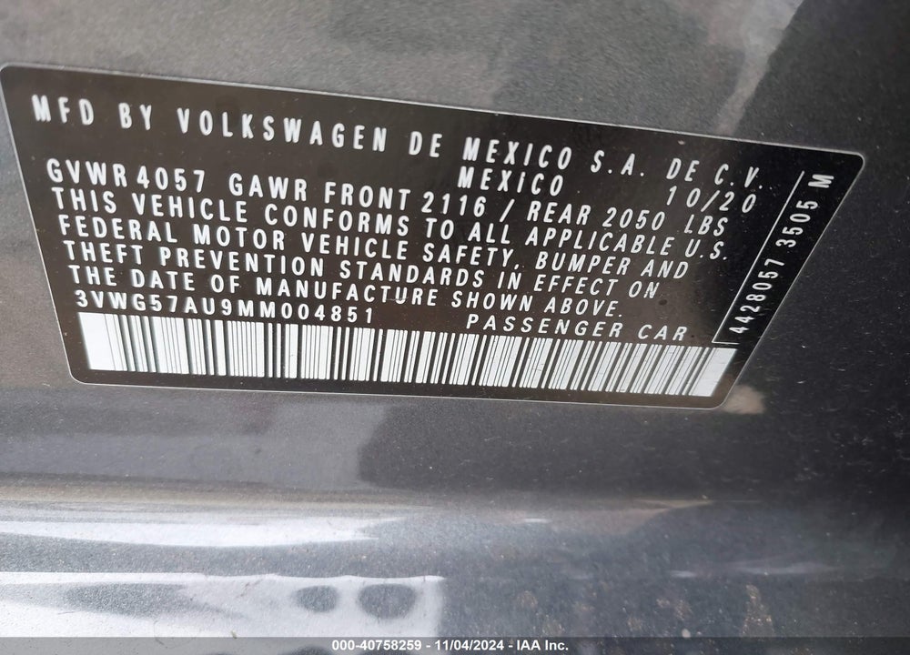 2021 VOLKSWAGEN GOLF 1.4T TSI VIN: 3VWG57AU9MM004851