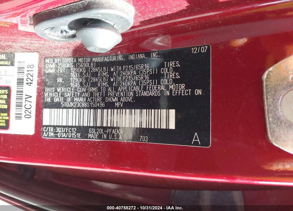 2008 TOYOTA SIENNA LE VIN: 5TDZK23C88S150496