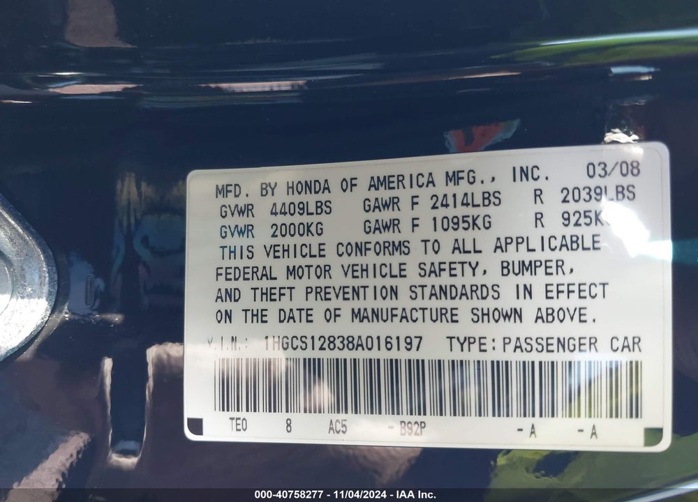 2008 HONDA ACCORD 2.4 EX-L VIN: 1HGCS12838A016197