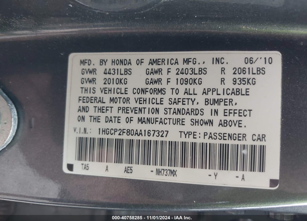 2010 HONDA ACCORD SDN 2.4 EX-L/EX-L VIN: 1HGCP2F80AA167327