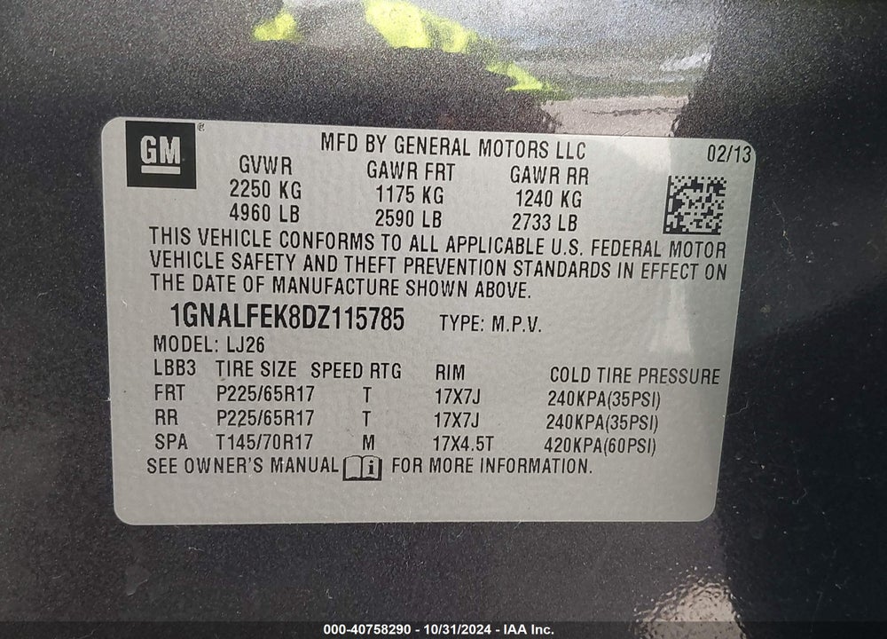 2013 CHEVROLET EQUINOX LTZ VIN: 1GNALFEK8DZ115785