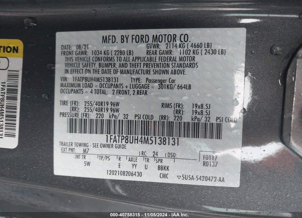 2021 FORD MUSTANG ECOBOOST PREMIUM VIN: 1FATP8UH4M5138131