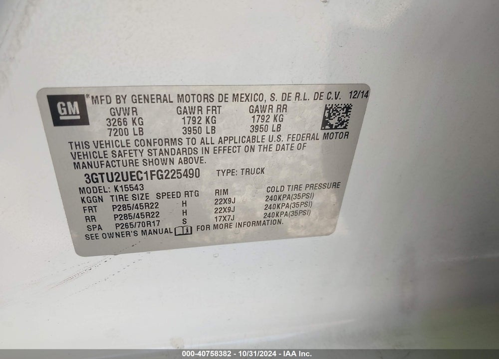 2015 GMC SIERRA 1500 SLE VIN: 3GTU2UEC1FG225490