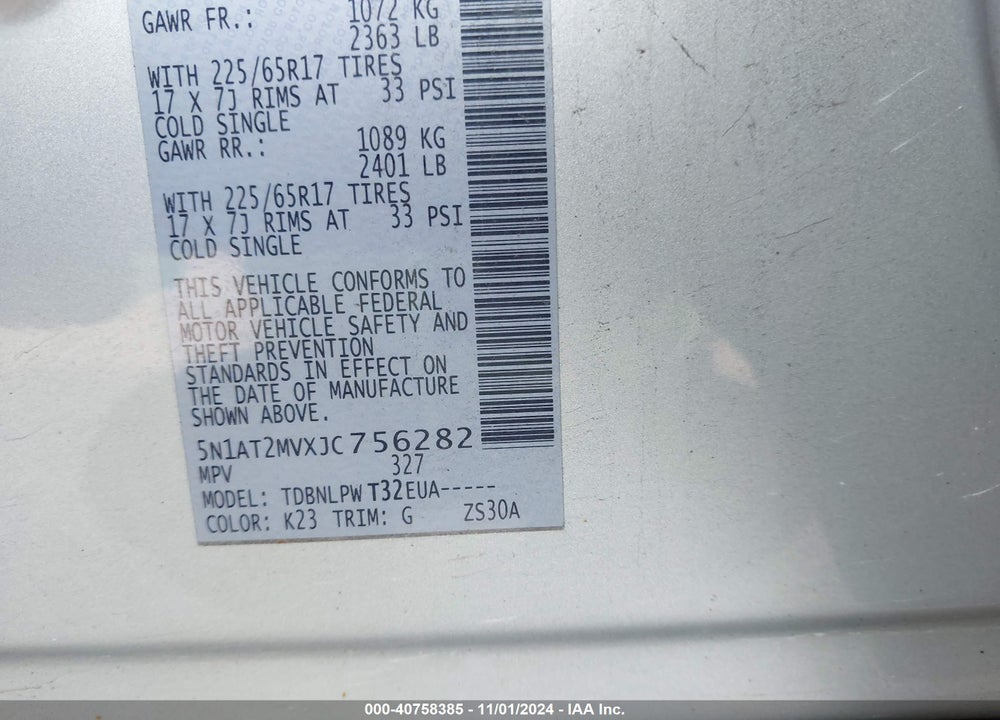 2018 NISSAN ROGUE S VIN: 5N1AT2MVXJC756282