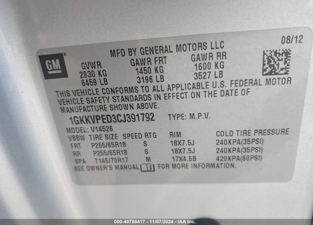 2012 GMC ACADIA SLE VIN: 1GKKVPED3CJ391792