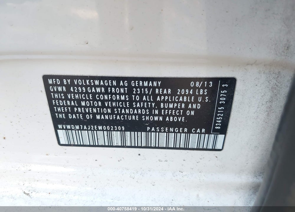 2014 VOLKSWAGEN GOLF VIN: WVWDM7AJ2EW002309