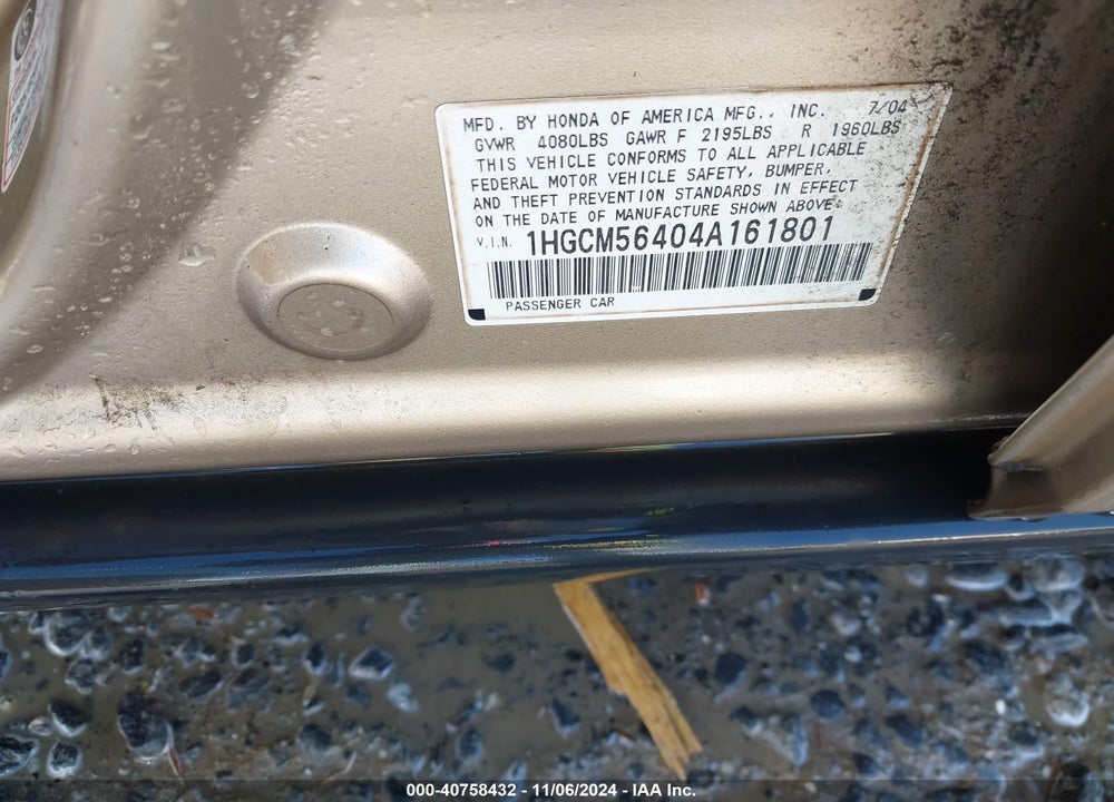 2004 HONDA ACCORD SDN LX VIN: 1HGCM56404A161801