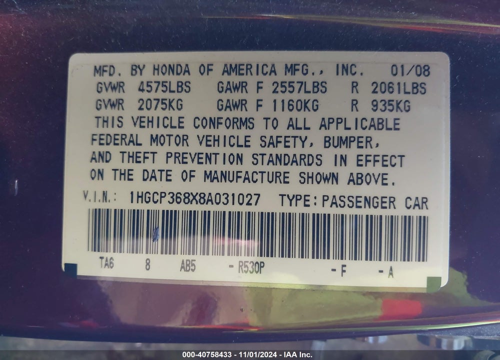 2008 HONDA ACCORD 3.5 EX-L VIN: 1HGCP368X8A031027