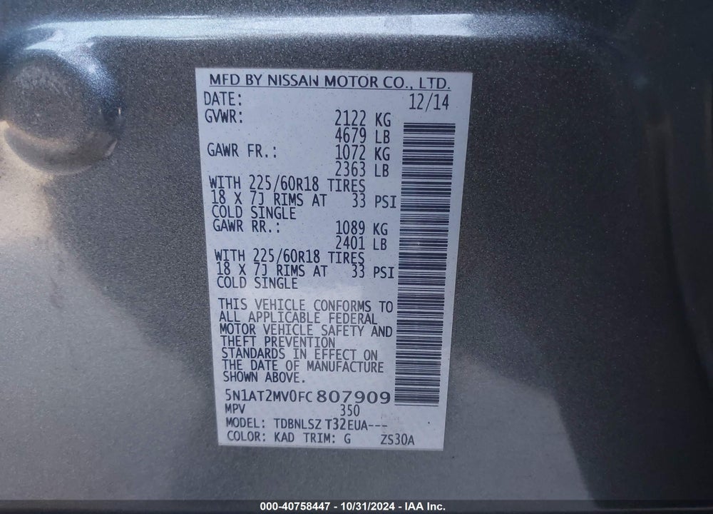 2015 NISSAN ROGUE SL VIN: 5N1AT2MV0FC807909