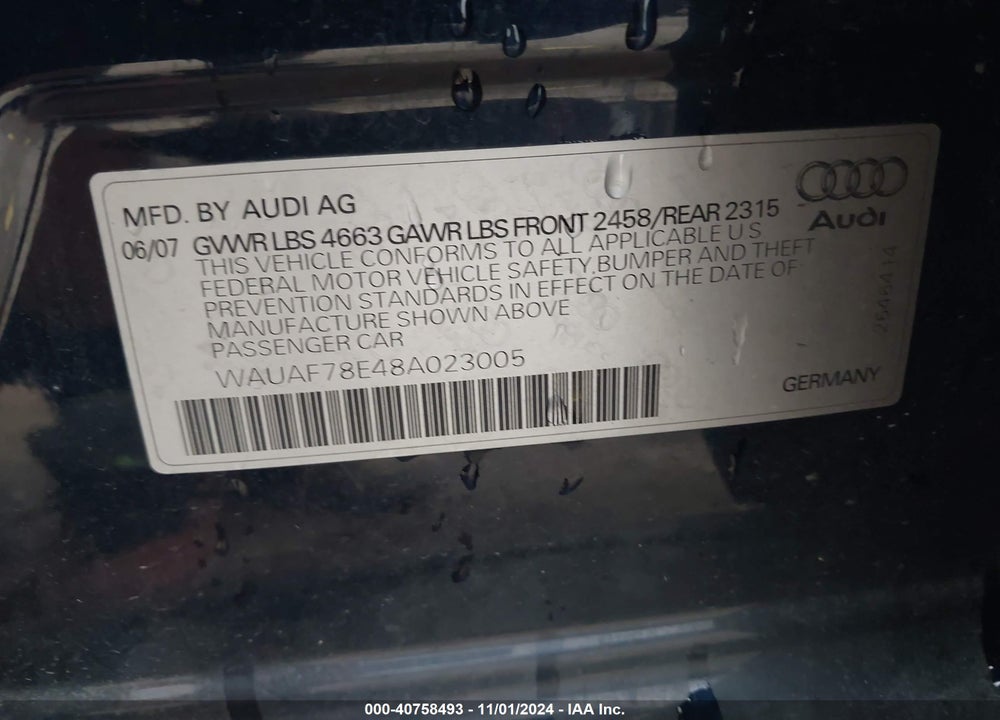 2008 AUDI A4 2.0T VIN: WAUAF78E48A023005