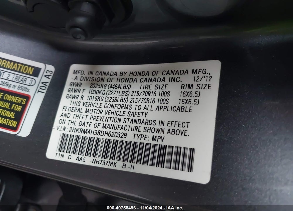 2013 HONDA CR-V LX VIN: 2HKRM4H38DH620329