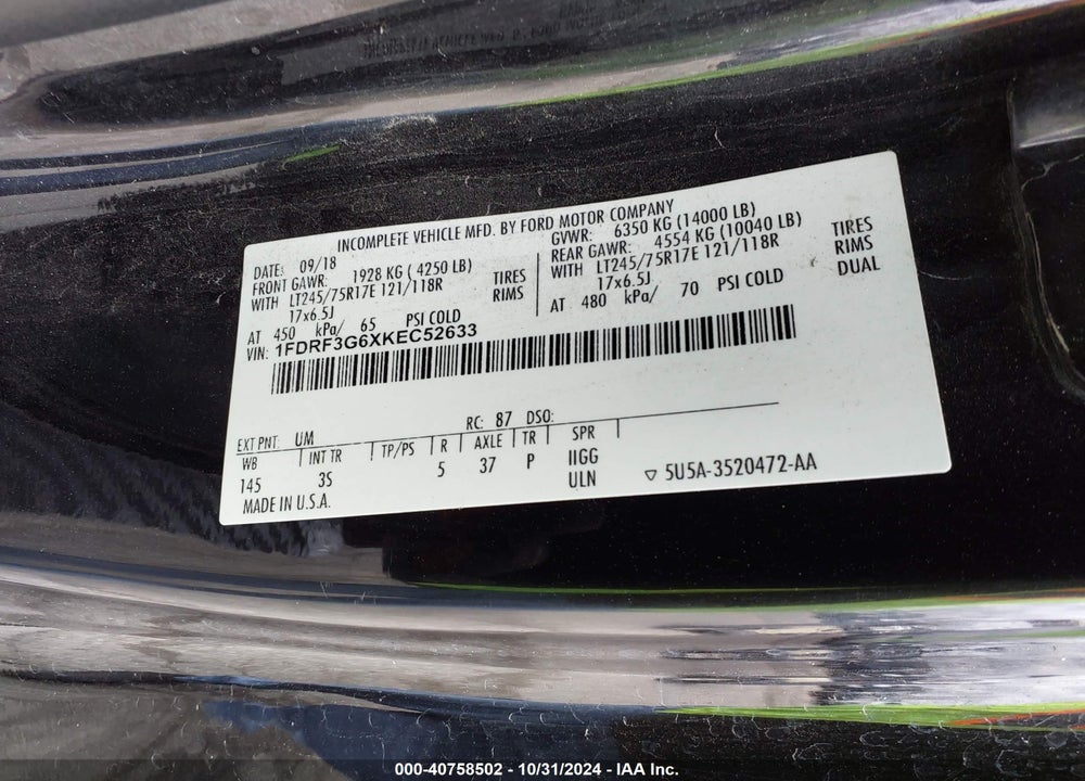 2019 FORD F-350 CHASSIS XLT VIN: 1FDRF3G6XKEC52633