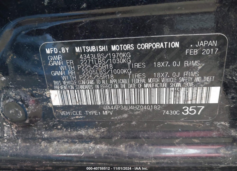 2017 MITSUBISHI OUTLANDER SPORT 2.0 ES/2.0 LE VIN: JA4AP3AU4HZ040182