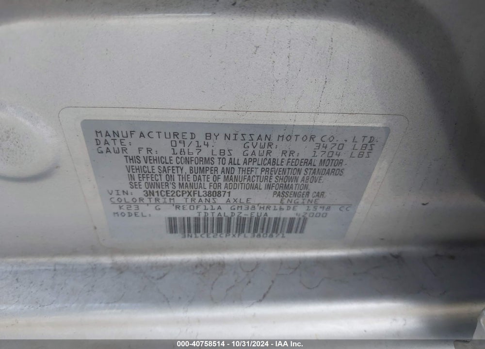 2015 NISSAN VERSA NOTE S (SR)/S PLUS/SL/SR/SV VIN: 3N1CE2CPXFL380871
