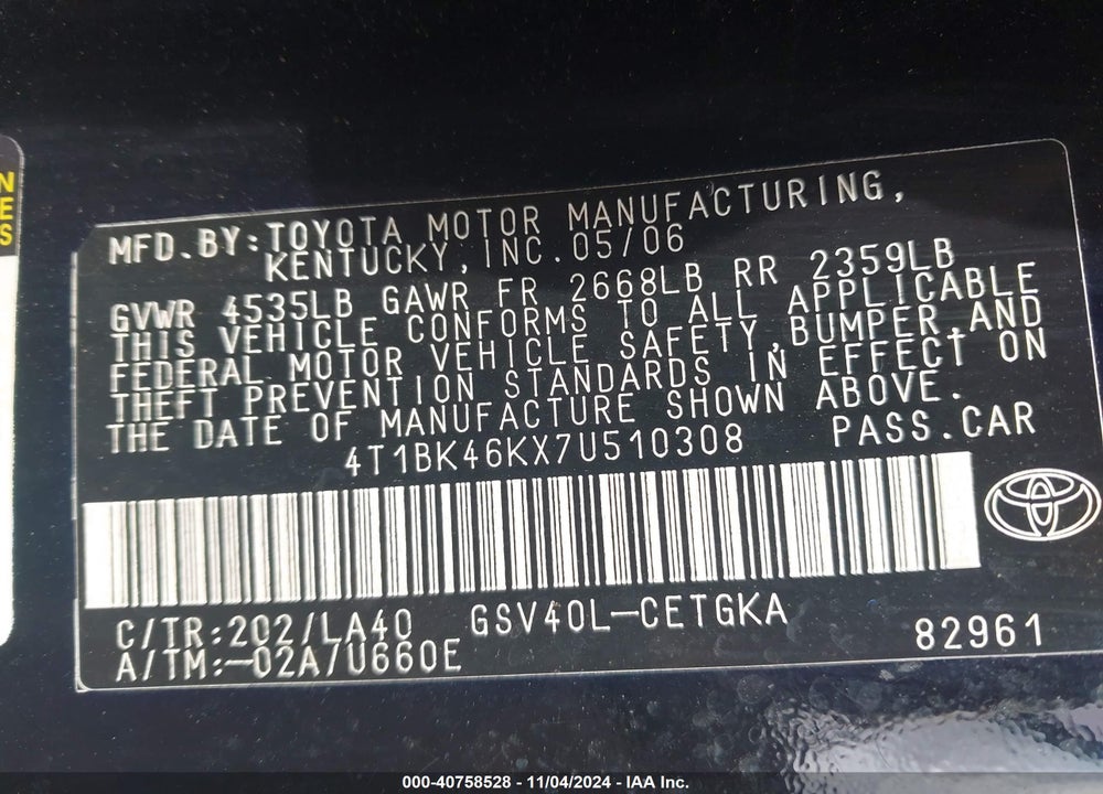 2007 TOYOTA CAMRY XLE V6 VIN: 4T1BK46KX7U510308