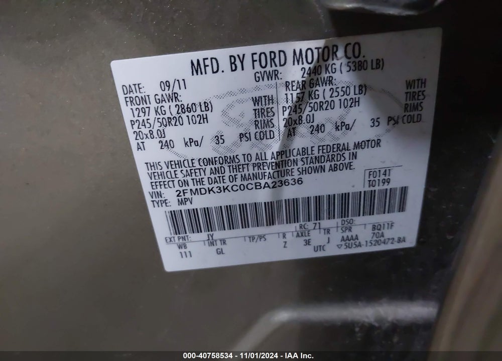 2012 FORD EDGE LIMITED VIN: 2FMDK3KC0CBA23636