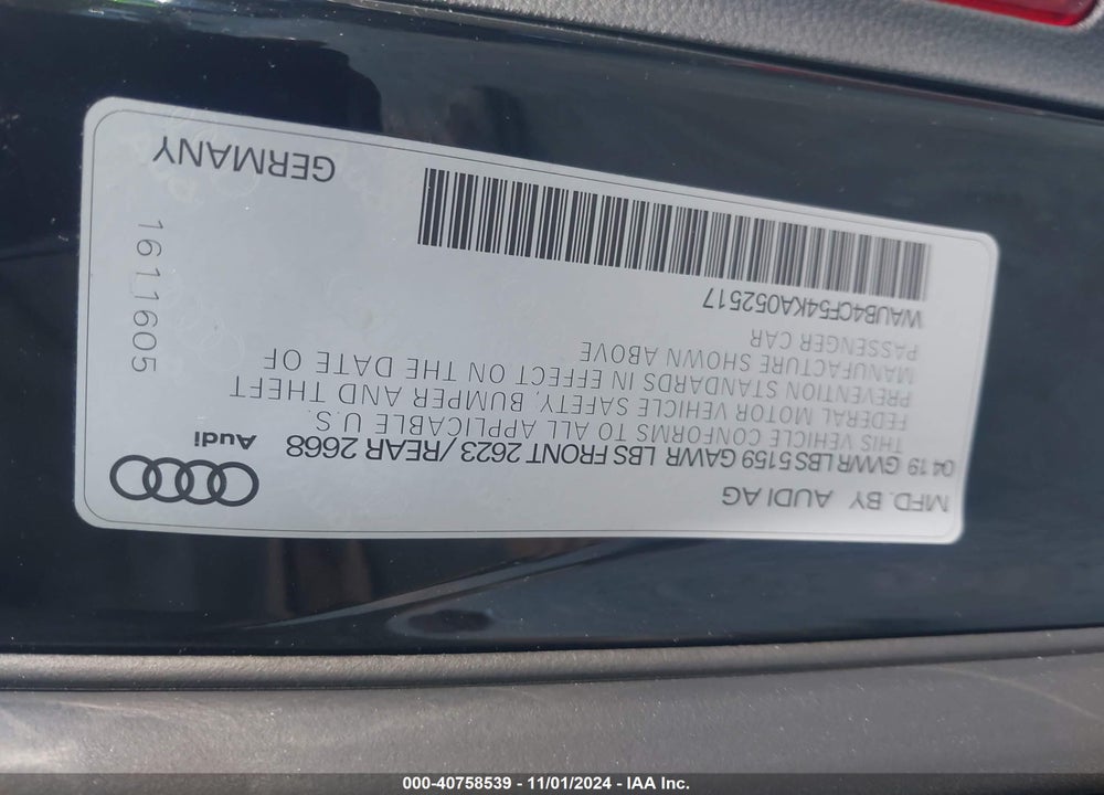2019 AUDI S5 3.0T PREMIUM VIN: WAUB4CF54KA052517