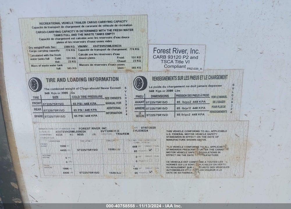 2021 SURVEYOR BY FOREST R LEGEND SERIES M-320B VIN: 4X4TSVH25ML039224