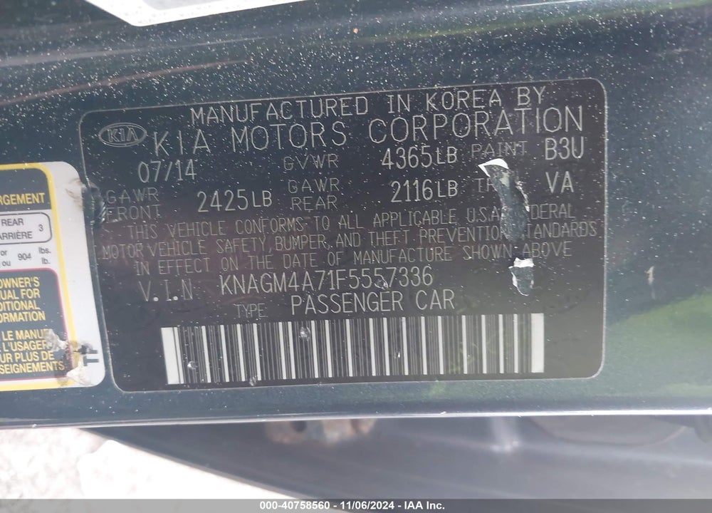 2015 KIA OPTIMA LX VIN: KNAGM4A71F5557336
