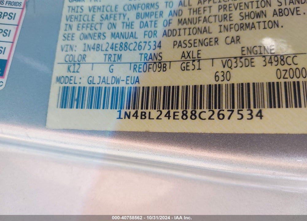 2008 NISSAN ALTIMA 3.5 SE VIN: 1N4BL24E88C267534
