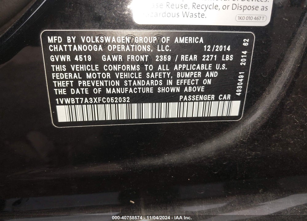 2015 VOLKSWAGEN PASSAT 1.8T SE VIN: 1VWBT7A3XFC052032