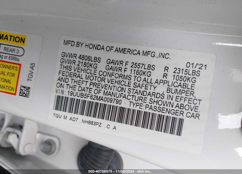 2021 ACURA TLX VIN: 19UUB5F62MA009790