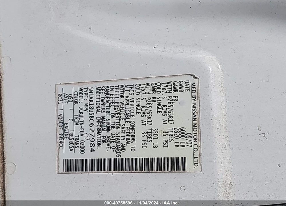 2008 NISSAN PATHFINDER SE VIN: 5N1AR18U58C627984