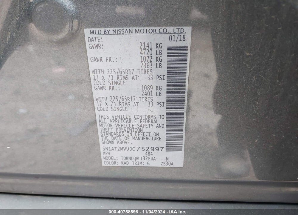 2018 NISSAN ROGUE SV VIN: 5N1AT2MV9JC752997