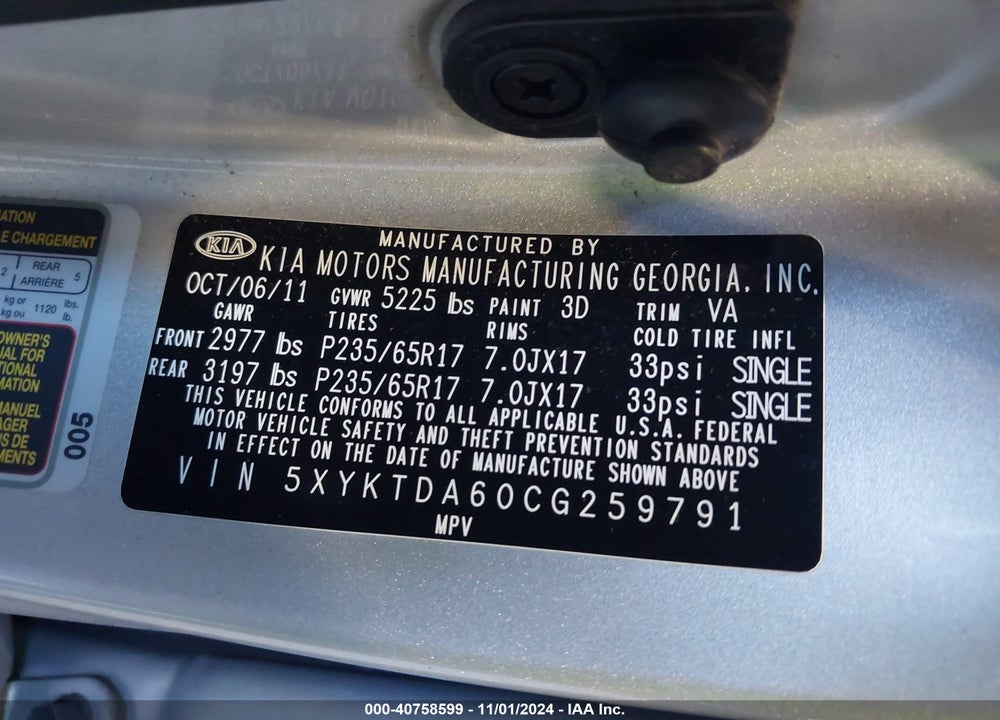 2012 KIA SORENTO LX VIN: 5XYKTDA60CG259791