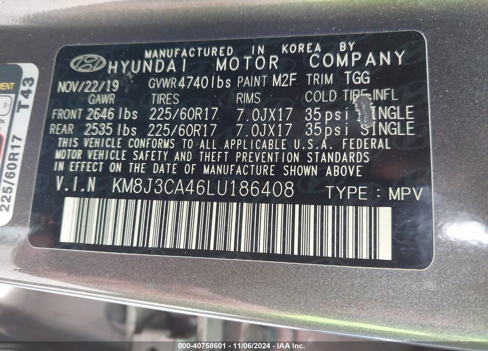 2020 HYUNDAI TUCSON VALUE VIN: KM8J3CA46LU186408