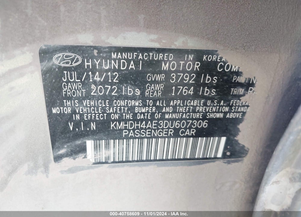 2013 HYUNDAI ELANTRA GLS VIN: KMHDH4AE3DU607306