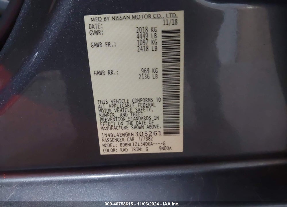 2019 NISSAN ALTIMA 2.5 SL VIN: 1N4BL4EW6KN305261